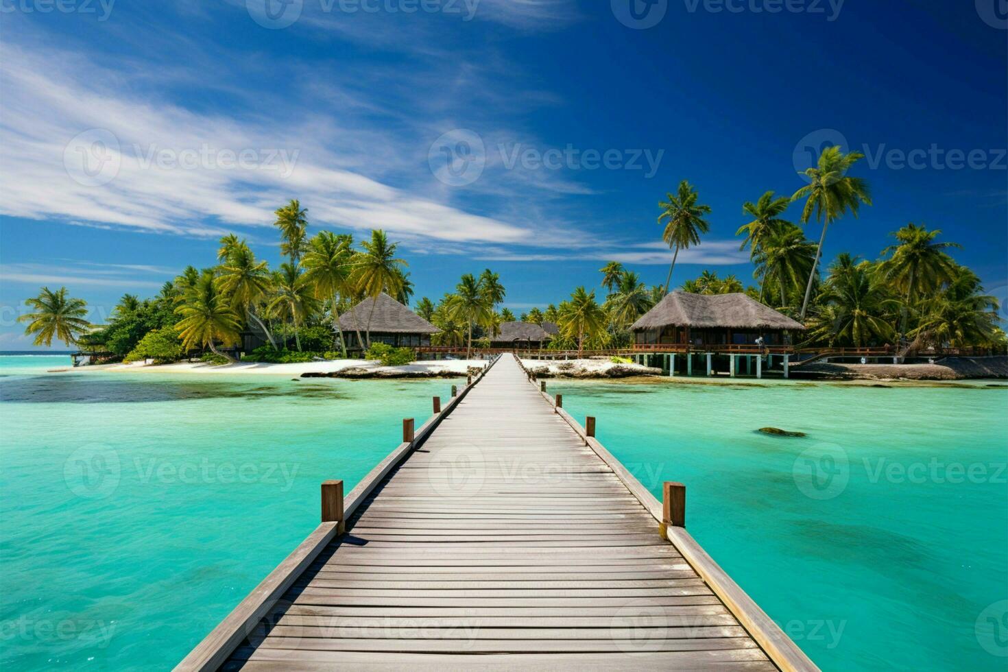 AI generated Palm fringed jetty Tropical landscape with wooden pier, Maldives islands photo