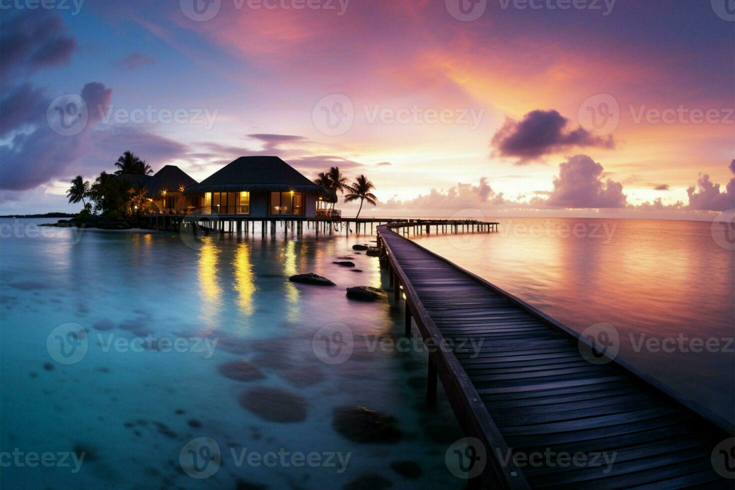 AI generated Maldives sunset Beach paradise with colorful skies, water villas, and tranquility photo