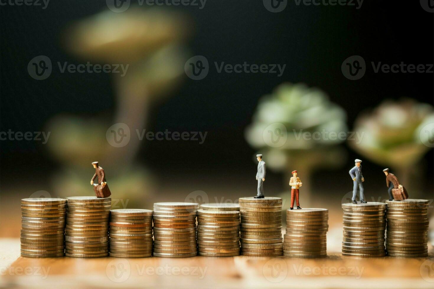 AI generated Business growth Miniature figures on money with wooden background illustration photo