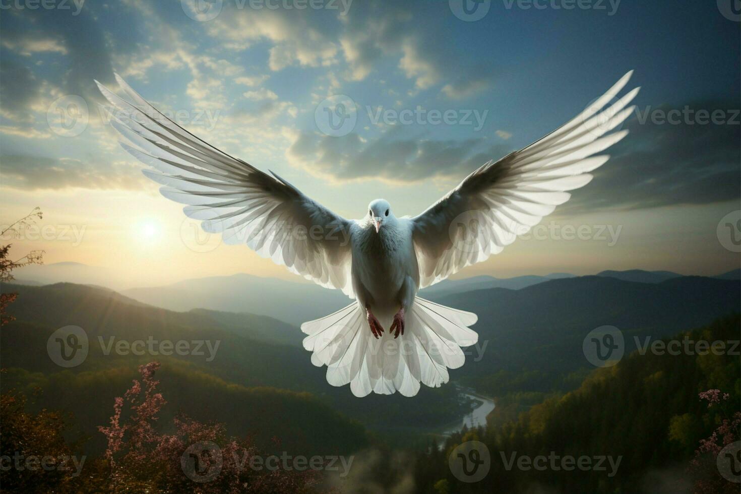ai generado hacia el cielo gracia paloma con extendido alas, un símbolo de paz foto