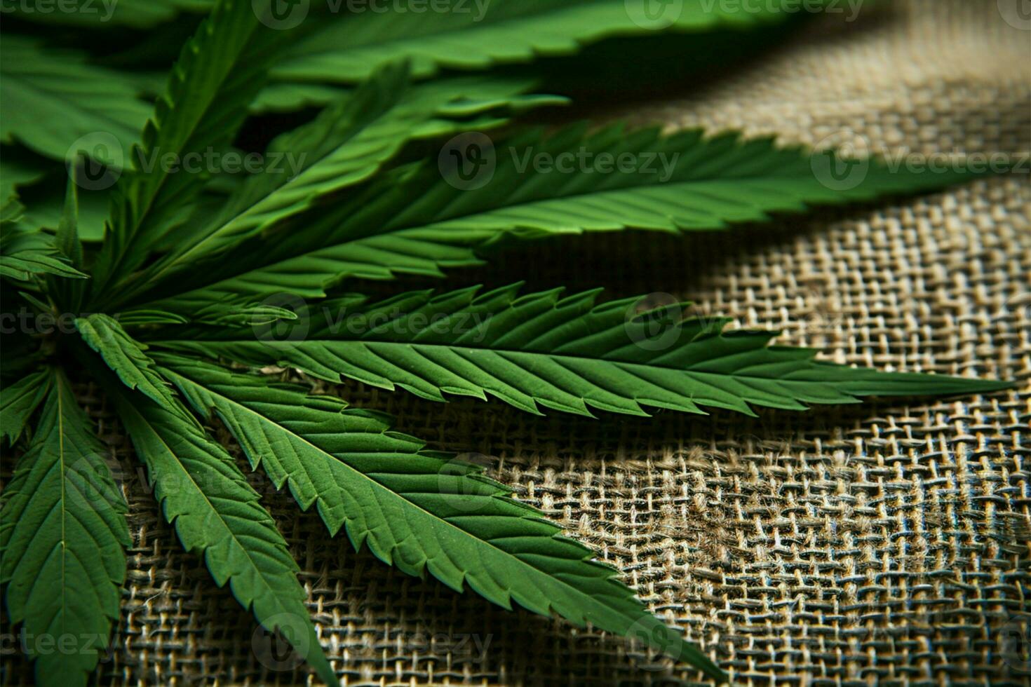 AI generated Organic connection Cannabis leaves on a background of hemp textile photo