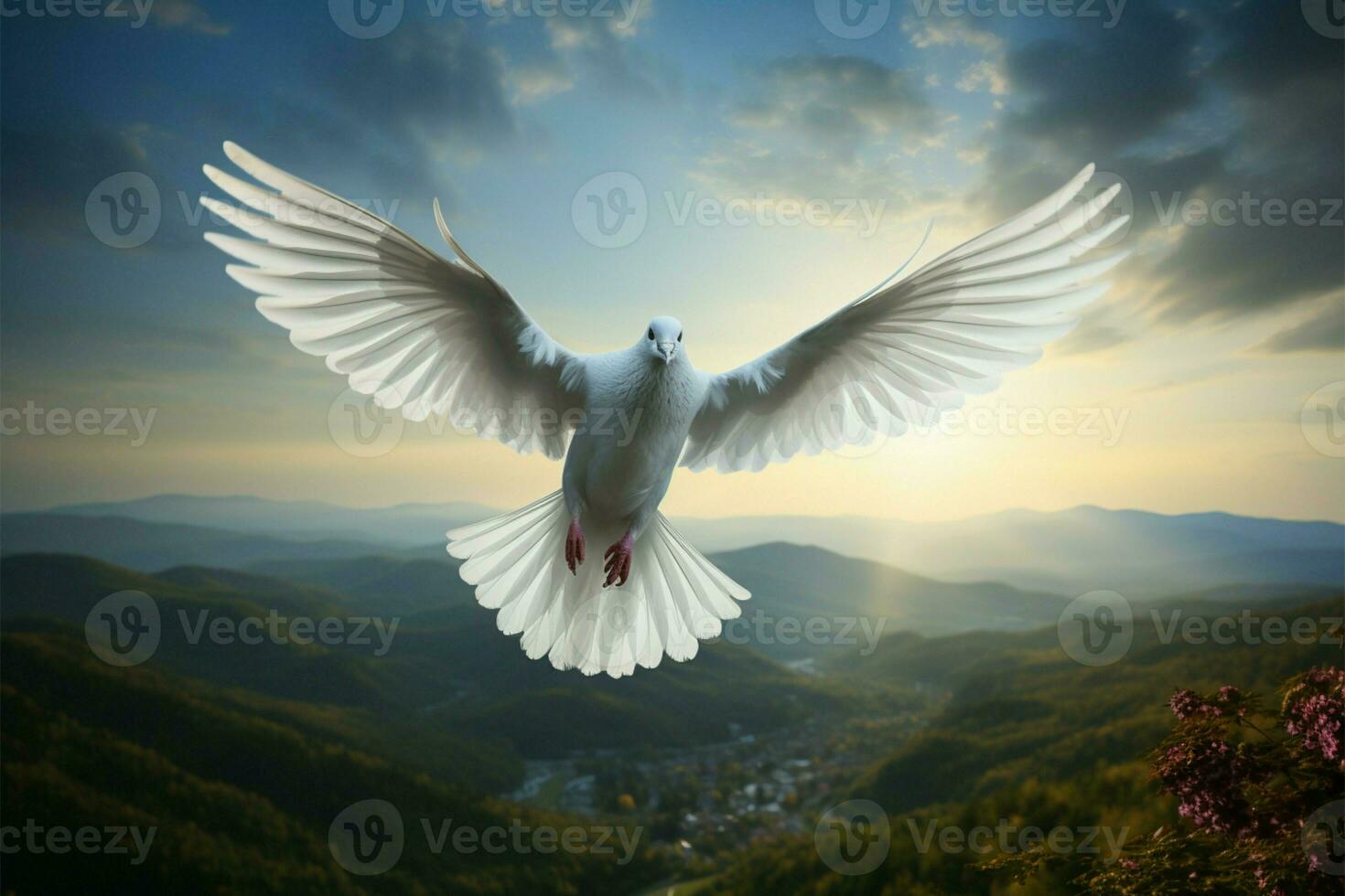 AI generated Feathered elegance Peaceful white dove soars high in the sky photo