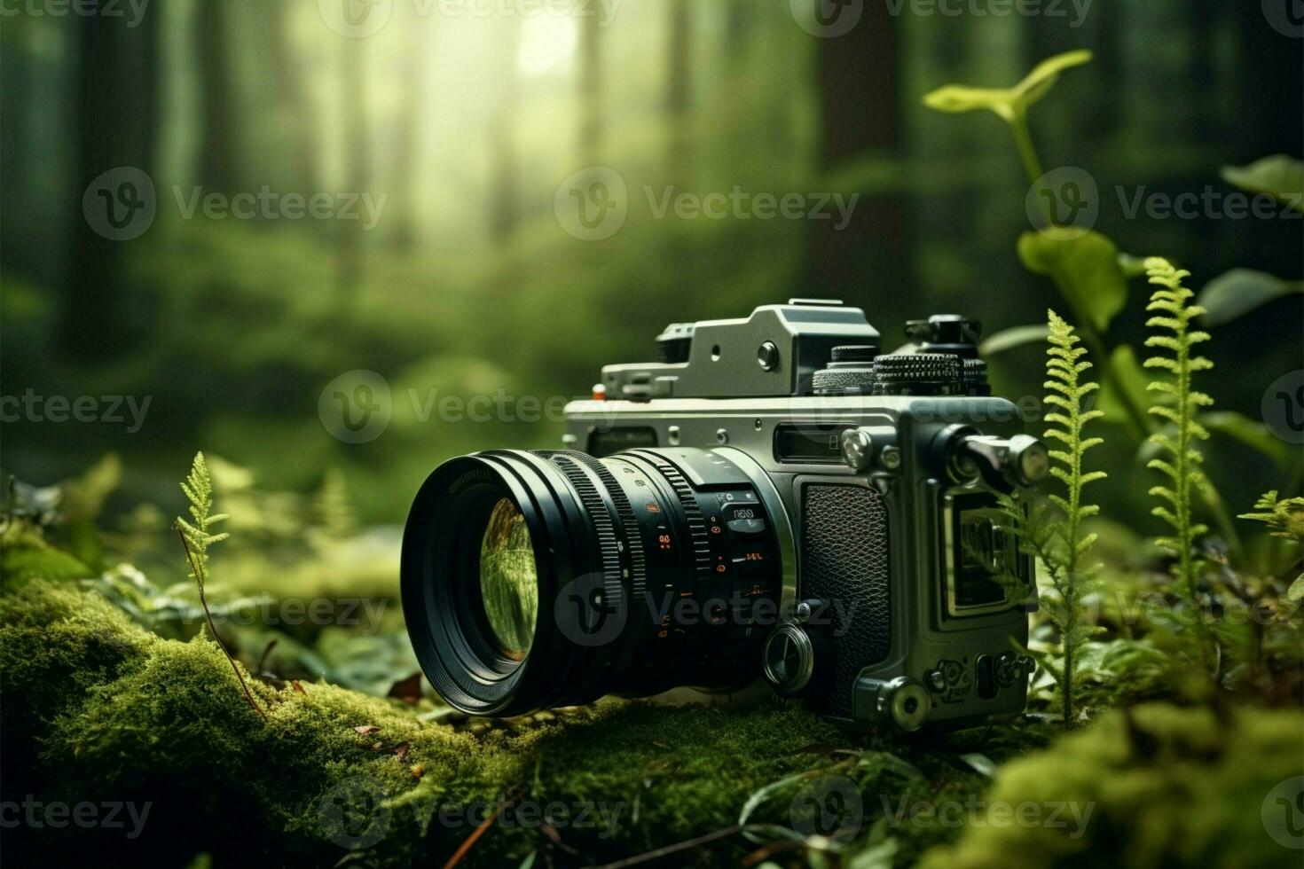 AI generated Nature capture Film camera with serene nature background, copy space photo