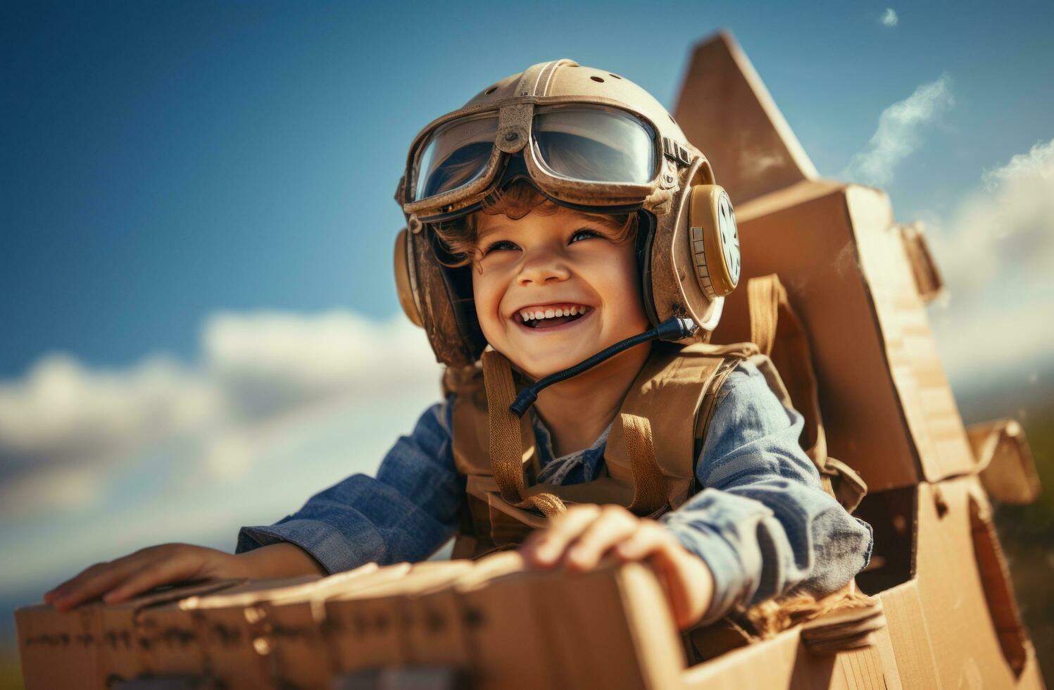 AI generated one young boy is flying a cardboard airplane photo