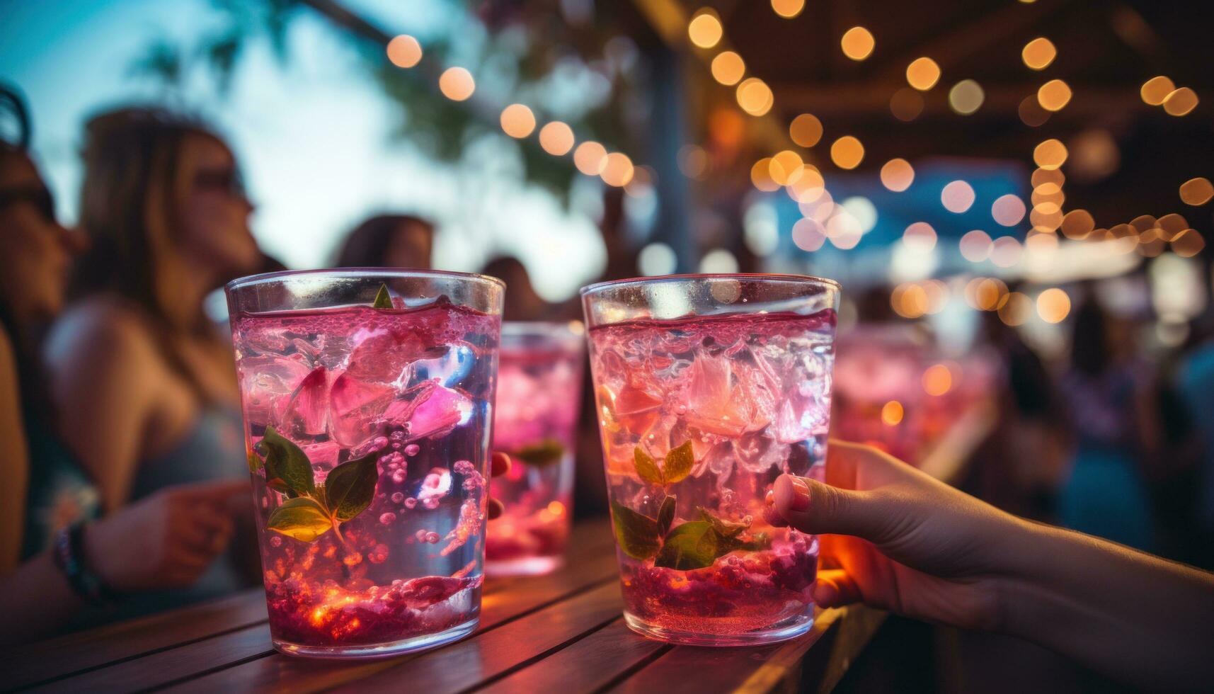 AI generated people in a party drinking glasses of sangria in background with colorful lights photo