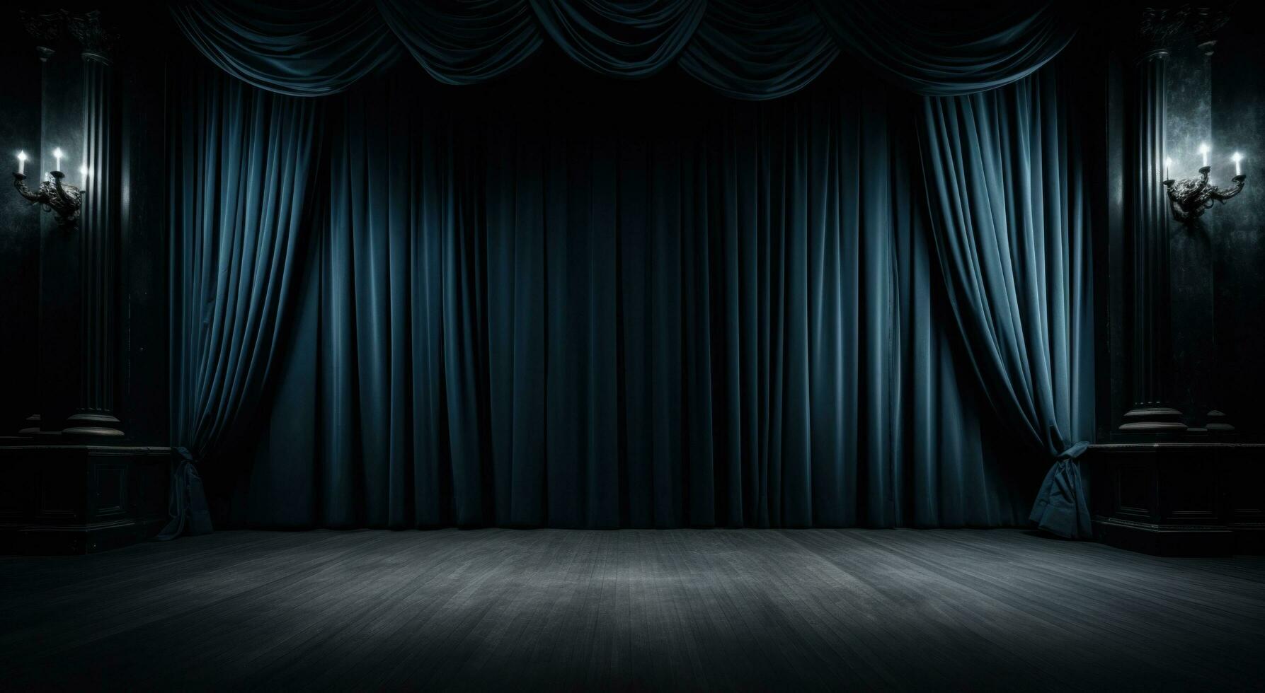 AI generated stage curtains with dark wooden floor stock photo