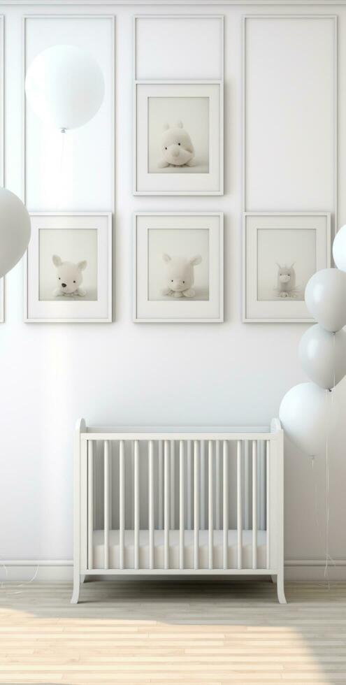 AI generated the crib is inside of a white room with balloons and frames photo