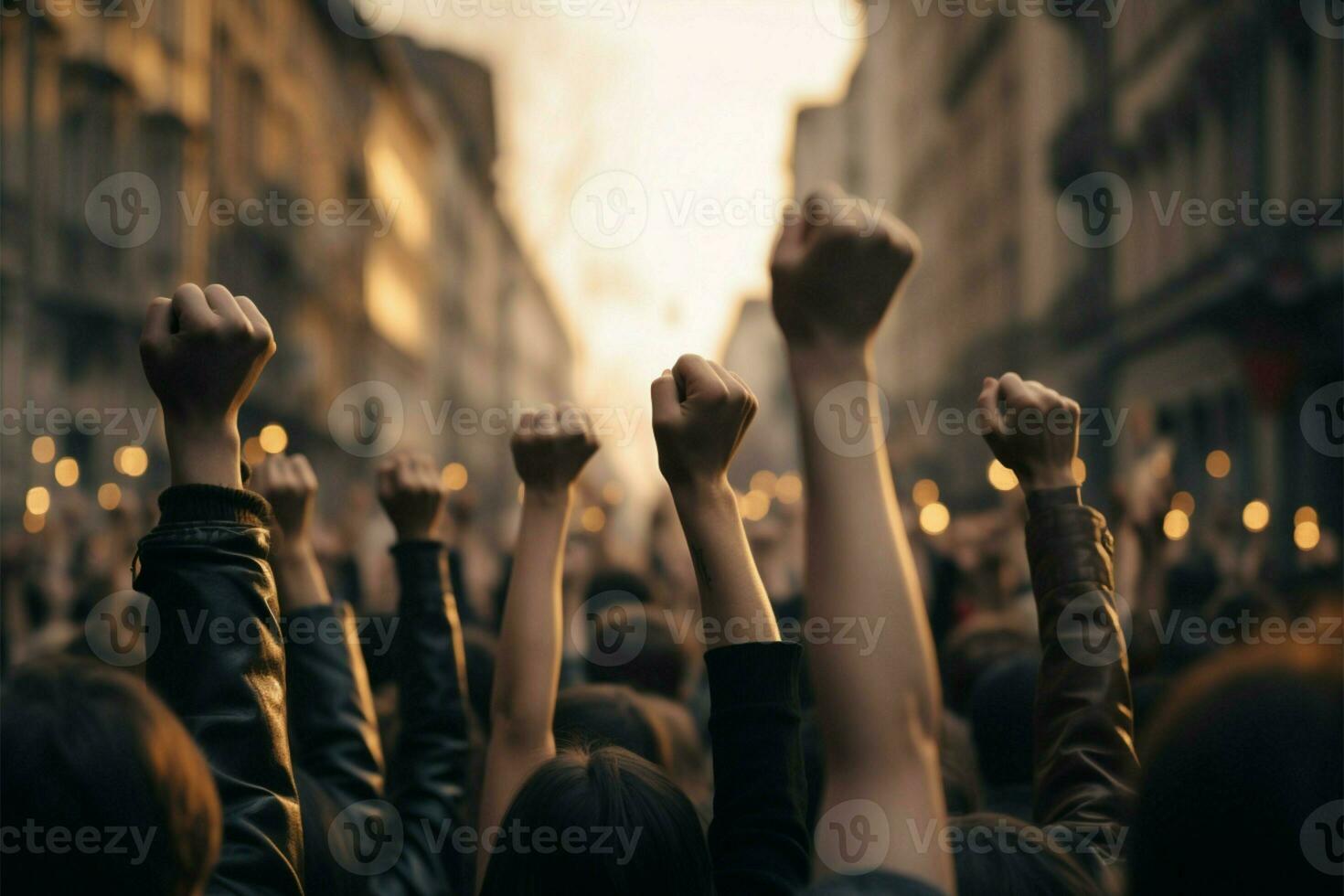 ai generado puño de resistencia manifestantes gritos con elevado puños en paisaje urbano foto