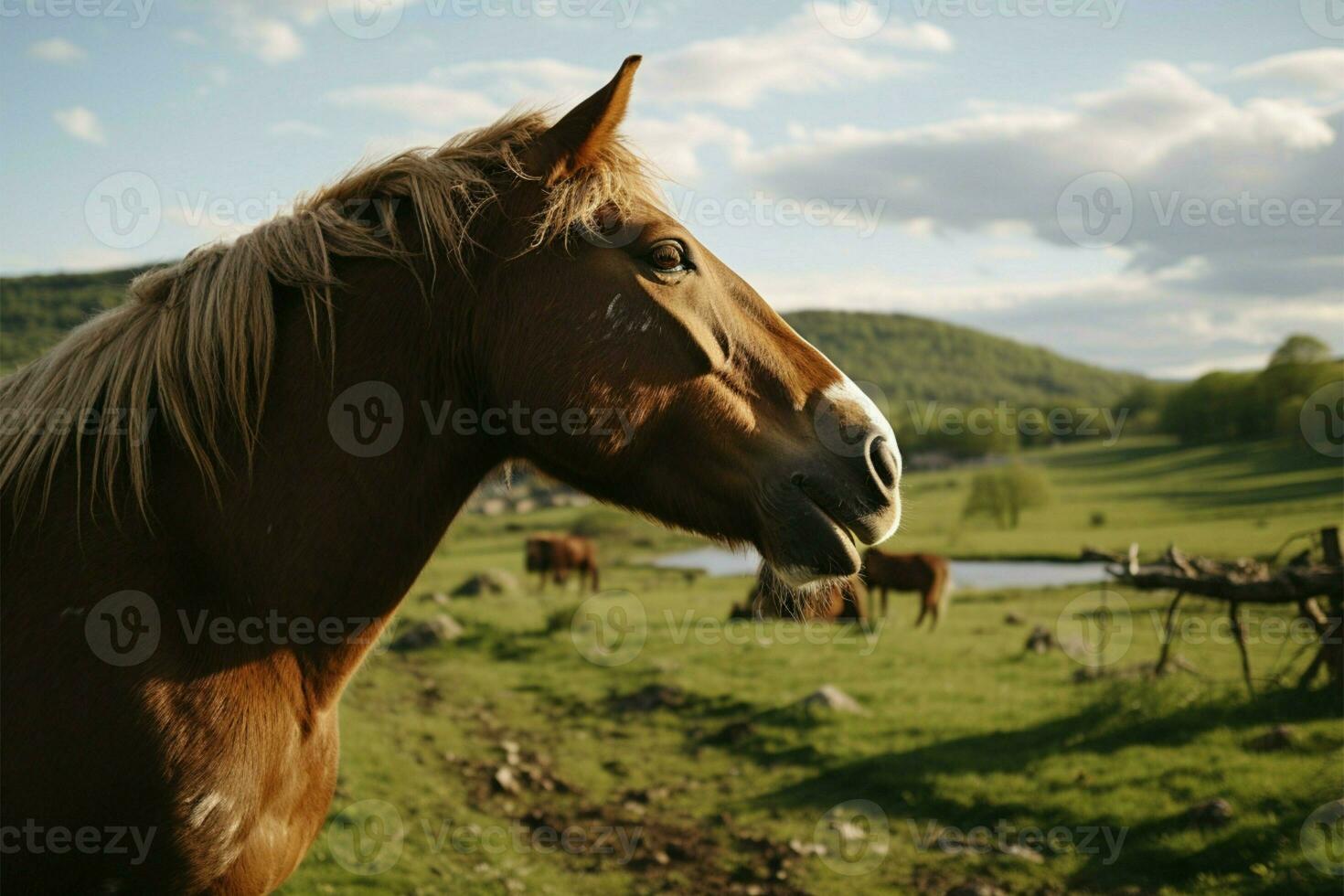 ai generado caballo refugio animales pasto en naturaleza campos, inalterado paisaje paisaje foto