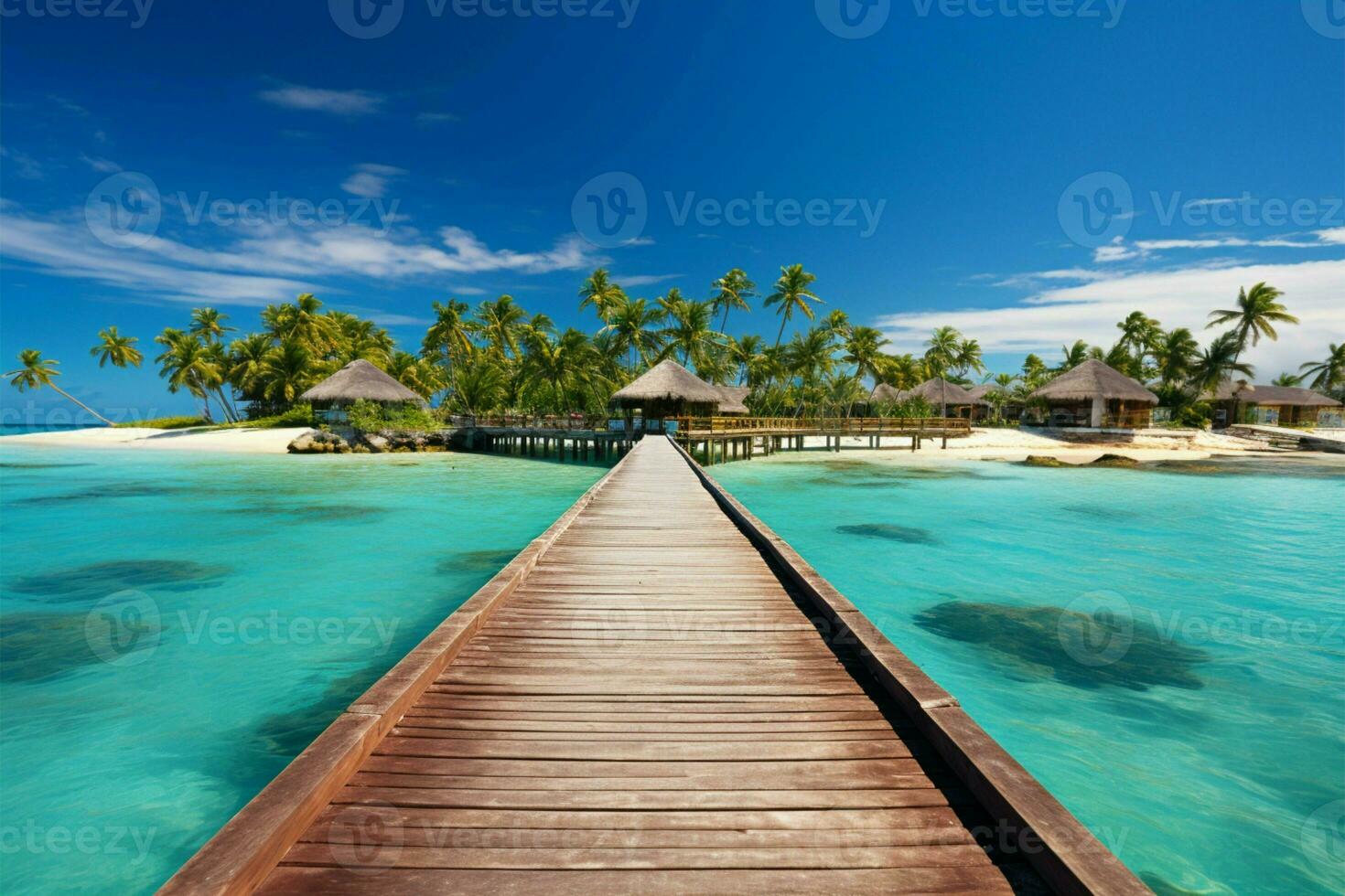 AI generated Tropical paradise Luxury travel backdrop with a wooden pier panorama photo