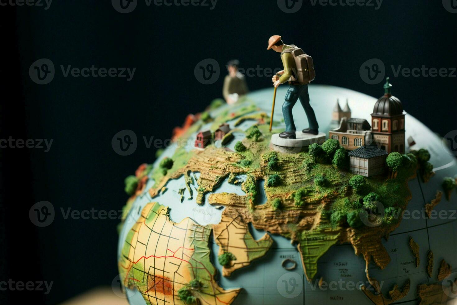 AI generated Globe explorers Miniature travelers navigate their journey across the globe photo