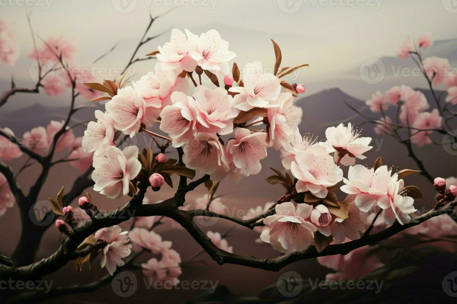 AI generated Botanical charm Cherry blossom blooming tree, romantic decorative graphic art photo