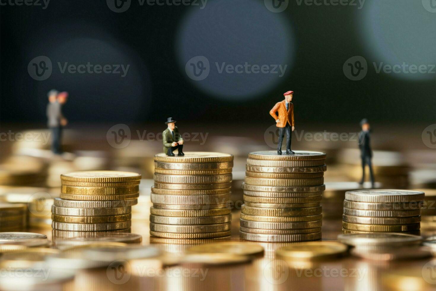 AI generated Financial team Miniature businesspeople on money against a wooden backdrop photo