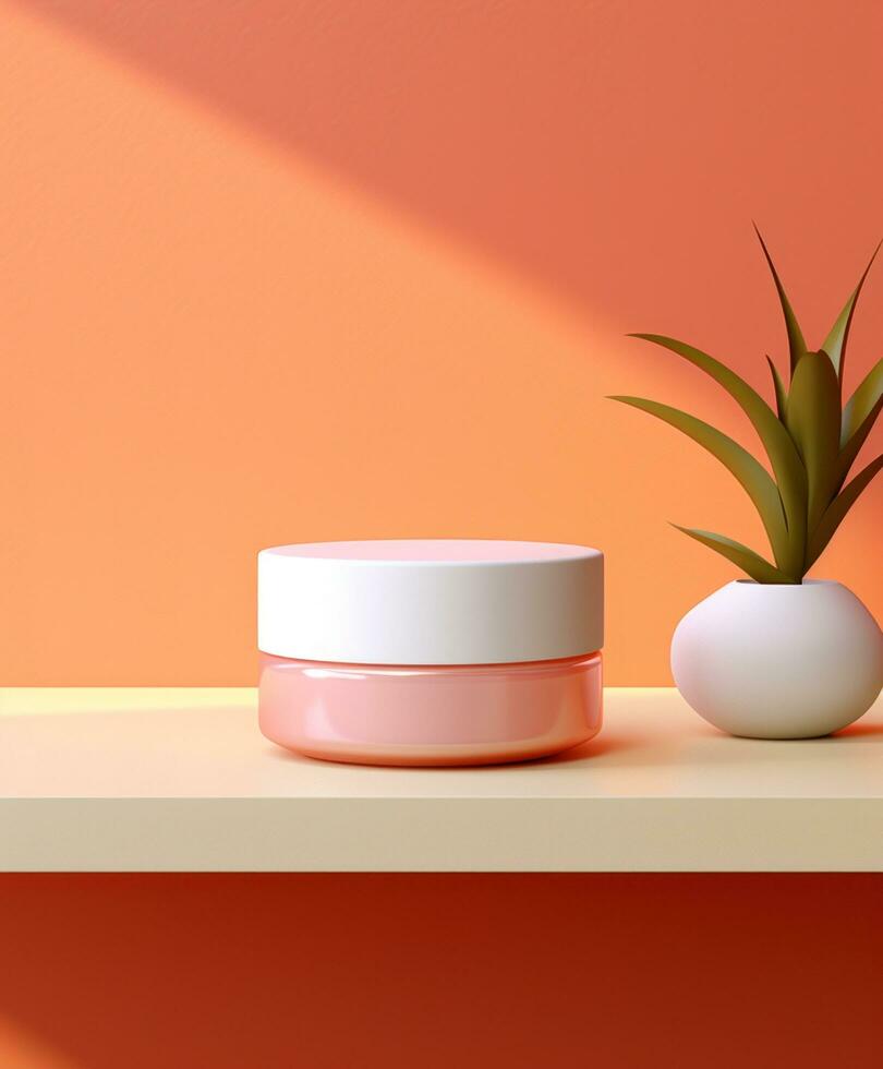 AI generated jar of face cream on a pink shelf photo