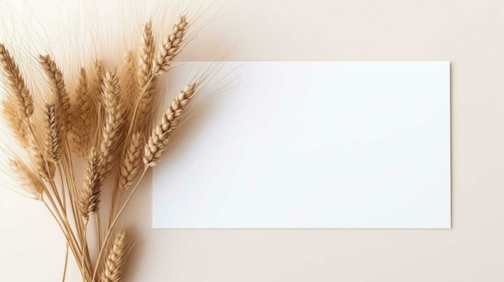 AI generated greeting card and dry wheat on grey background and a blank card photo