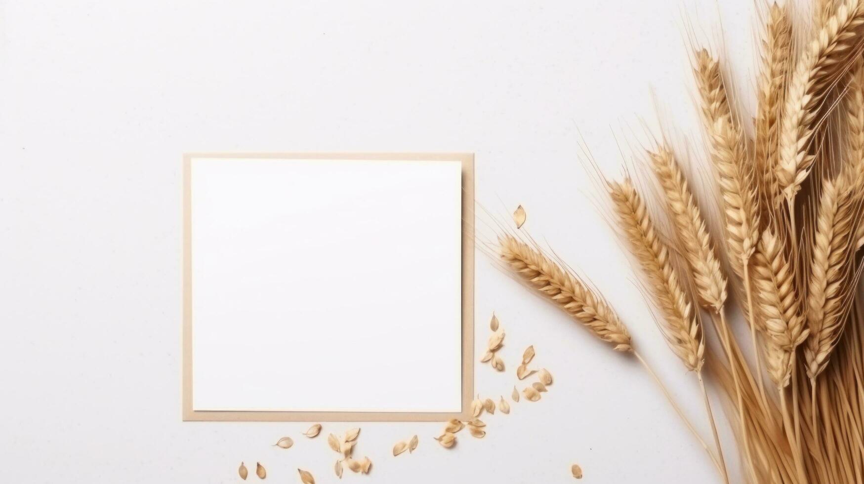 AI generated greeting card and dry wheat on grey background and a blank card photo