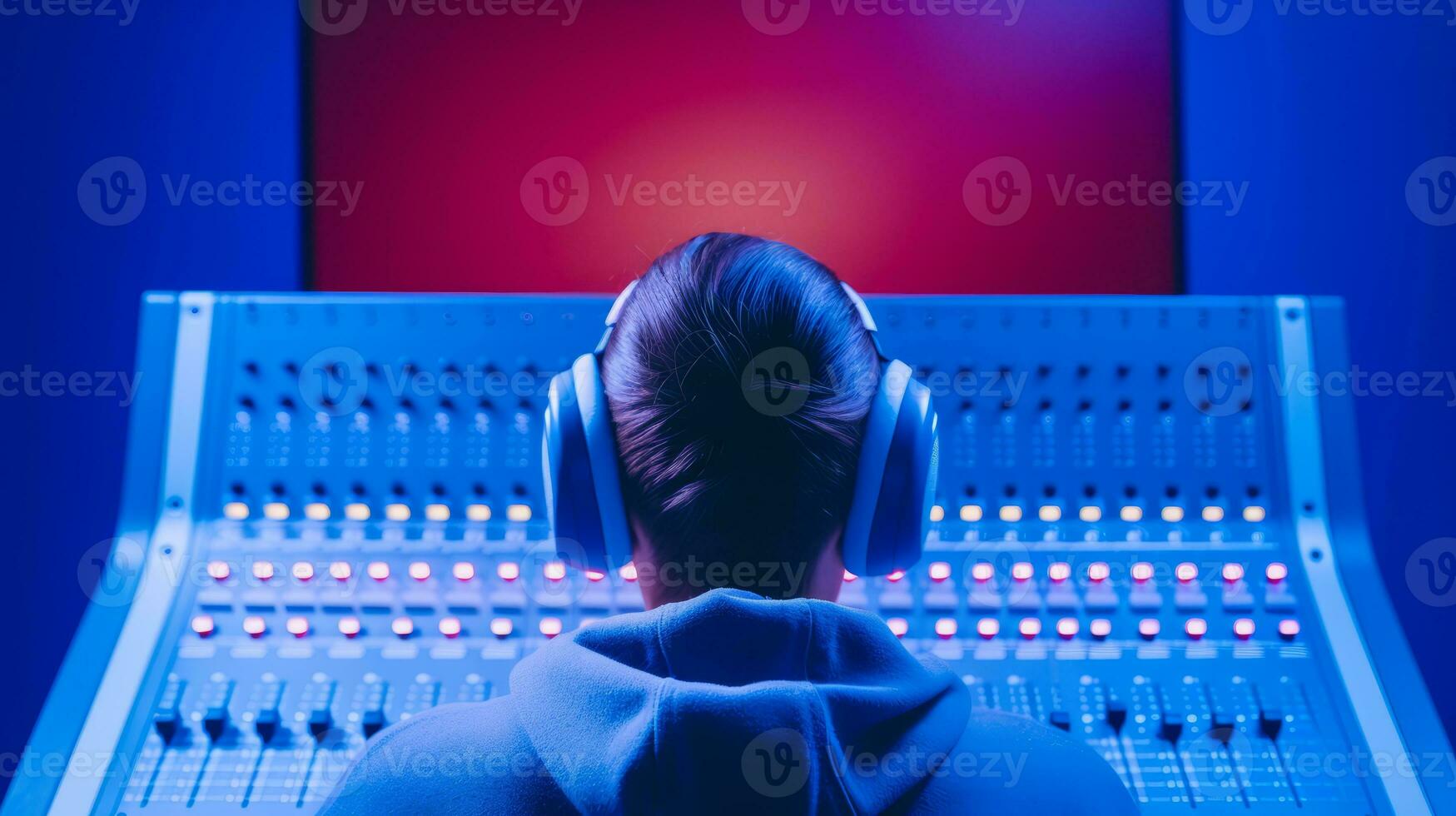 AI generated A person wearing headphones in front of a mixing board, adjusting audio levels and creating music. Generative AI photo