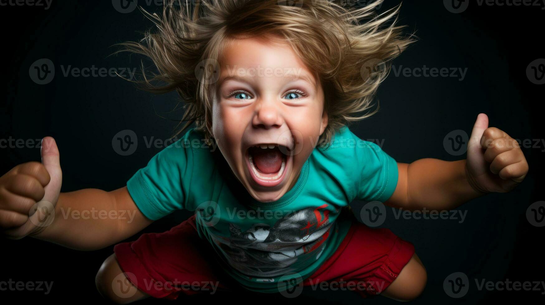AI generated A young boy jumps into the air with joy. Generative AI photo