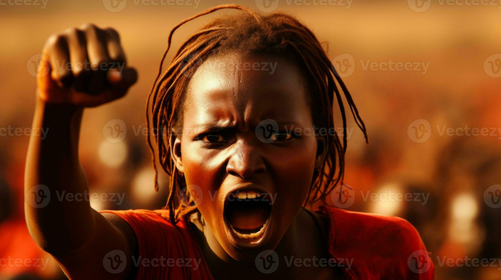 AI generated Afro woman raising her hands in protest. Generative AI photo