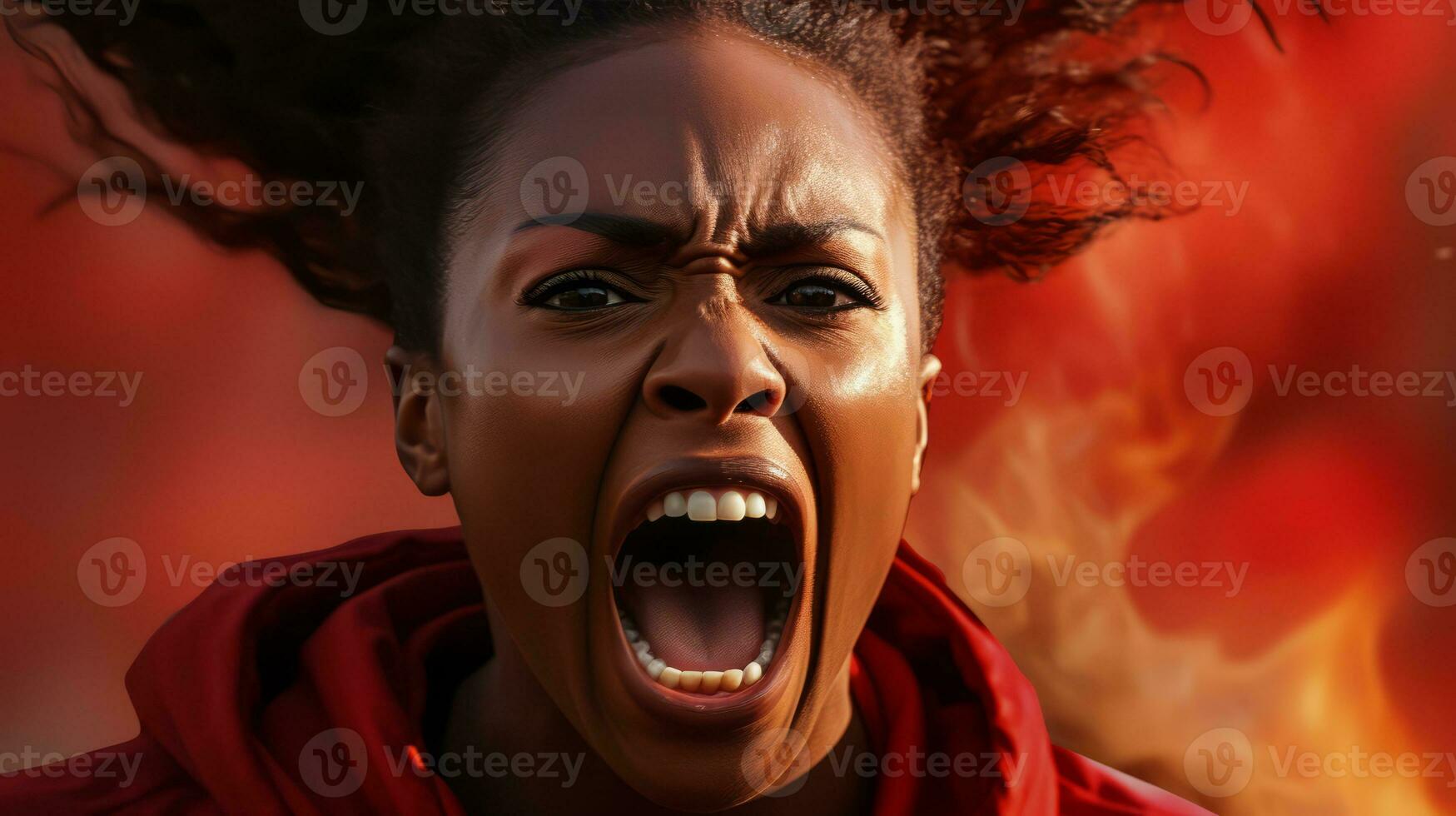 AI generated A terrified woman screams in front of a raging fire, her face full of fear and despair. Generative AI photo