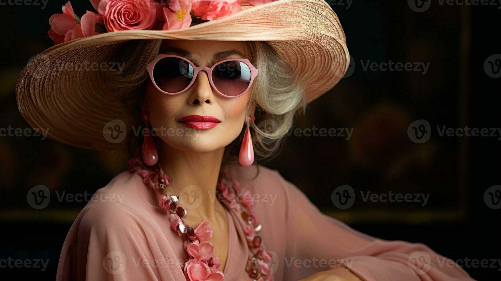 AI generated A woman wearing a pink hat and sunglasses, enjoying a sunny day outdoors. Generative AI photo