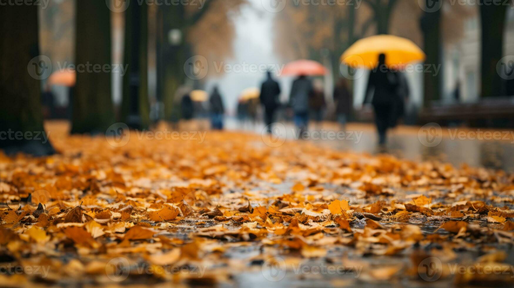 AI generated Fallen leaves and people walking with umbrellas under the pouring rain. Generative AI photo