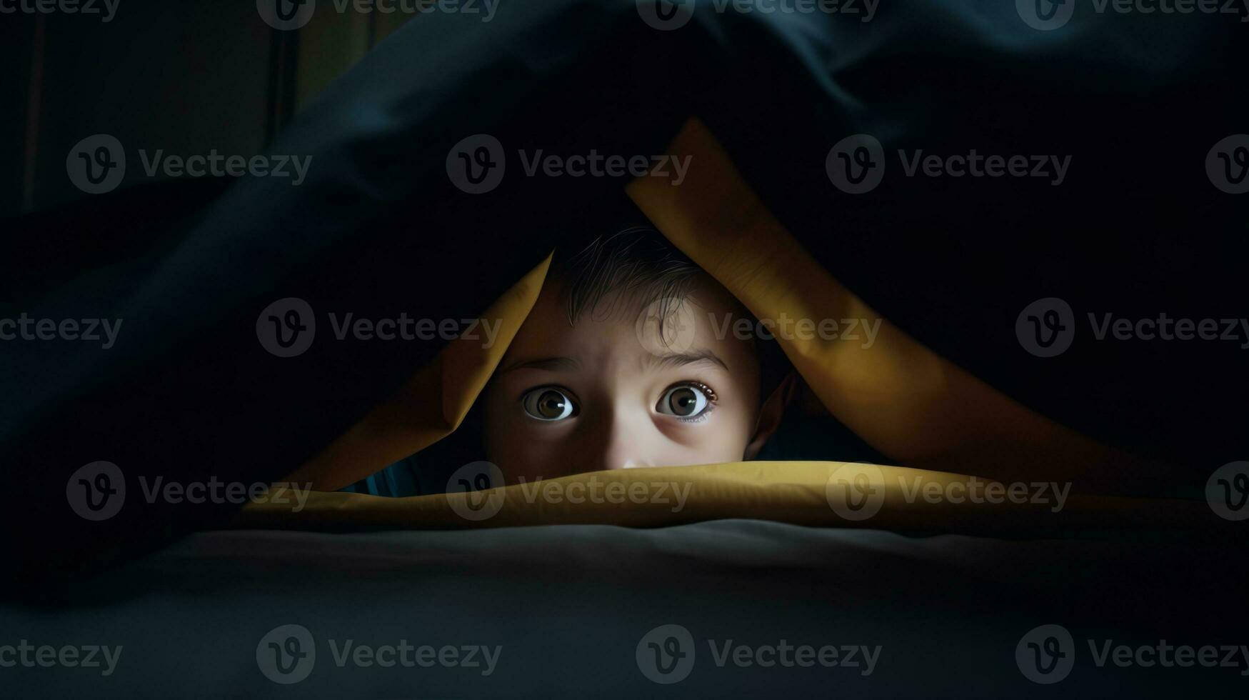 AI generated A young girl with a fearful expression peeks out from under a blanket, her eyes wide with trepidation. Generative AI photo