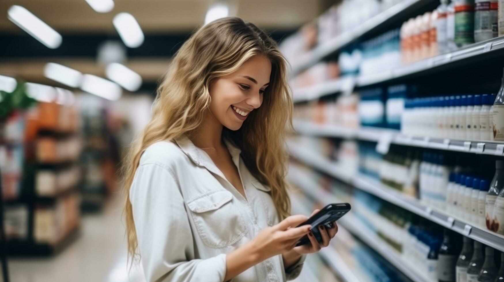 ai generado un hermosa Moda mujer comparando productos en un tienda de comestibles Tienda foto