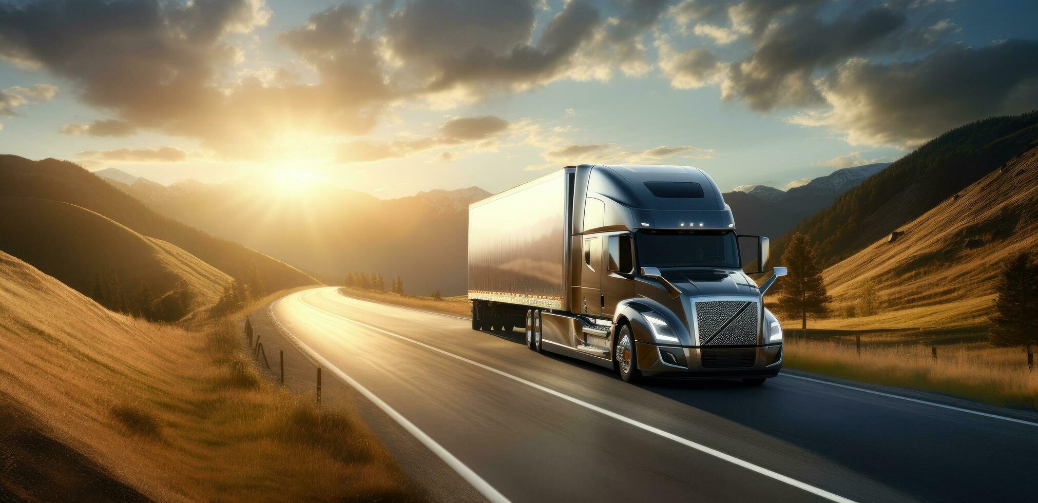 AI generated a black truck is traveling down a sunny path photo