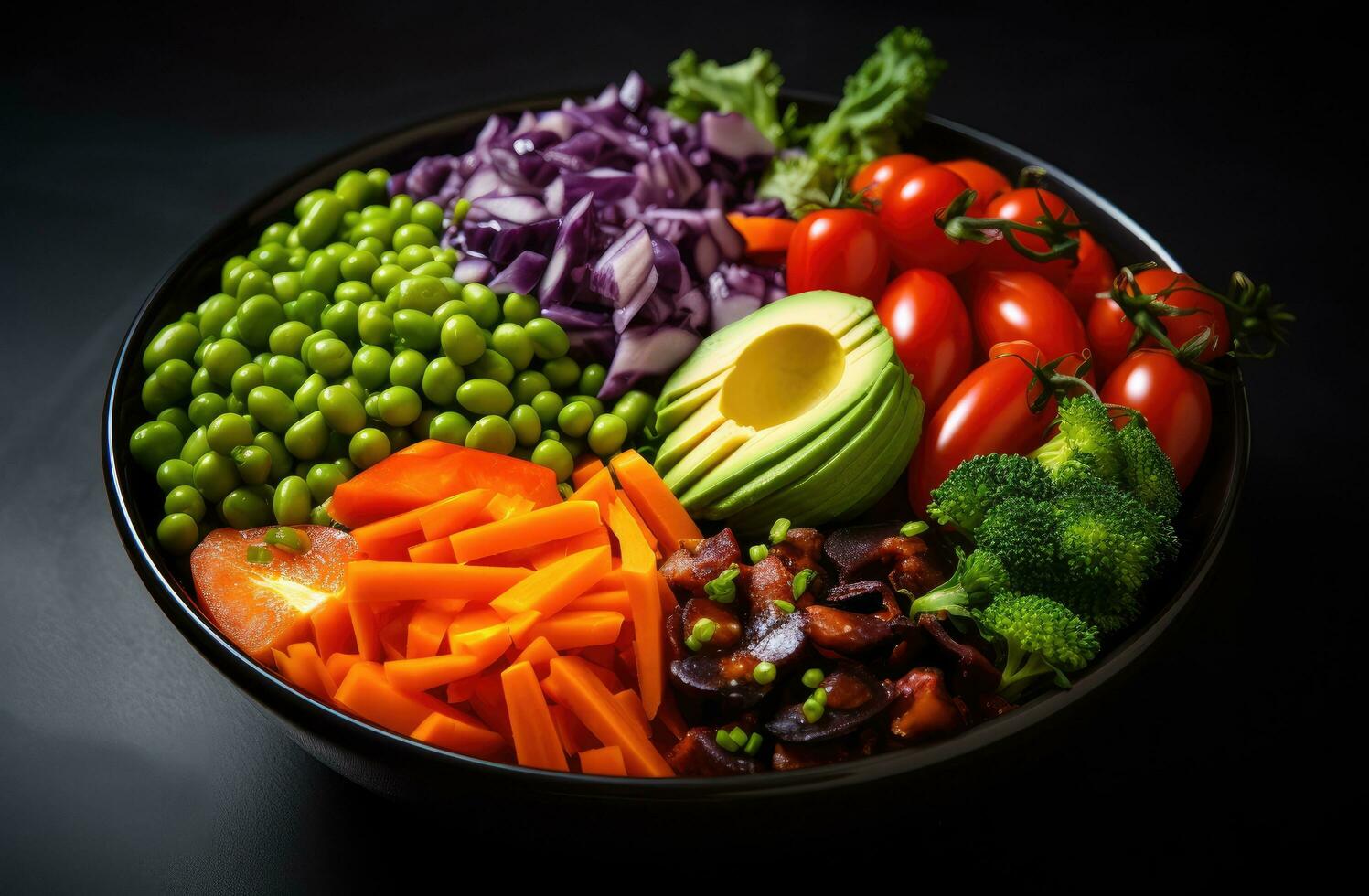 AI generated a bowl is filled with tomatoes, carrots and peas photo