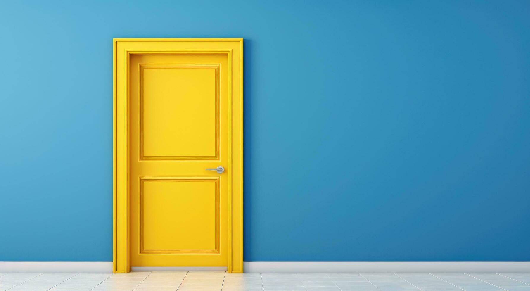 AI generated bright yellow door sits on a blue wall photo