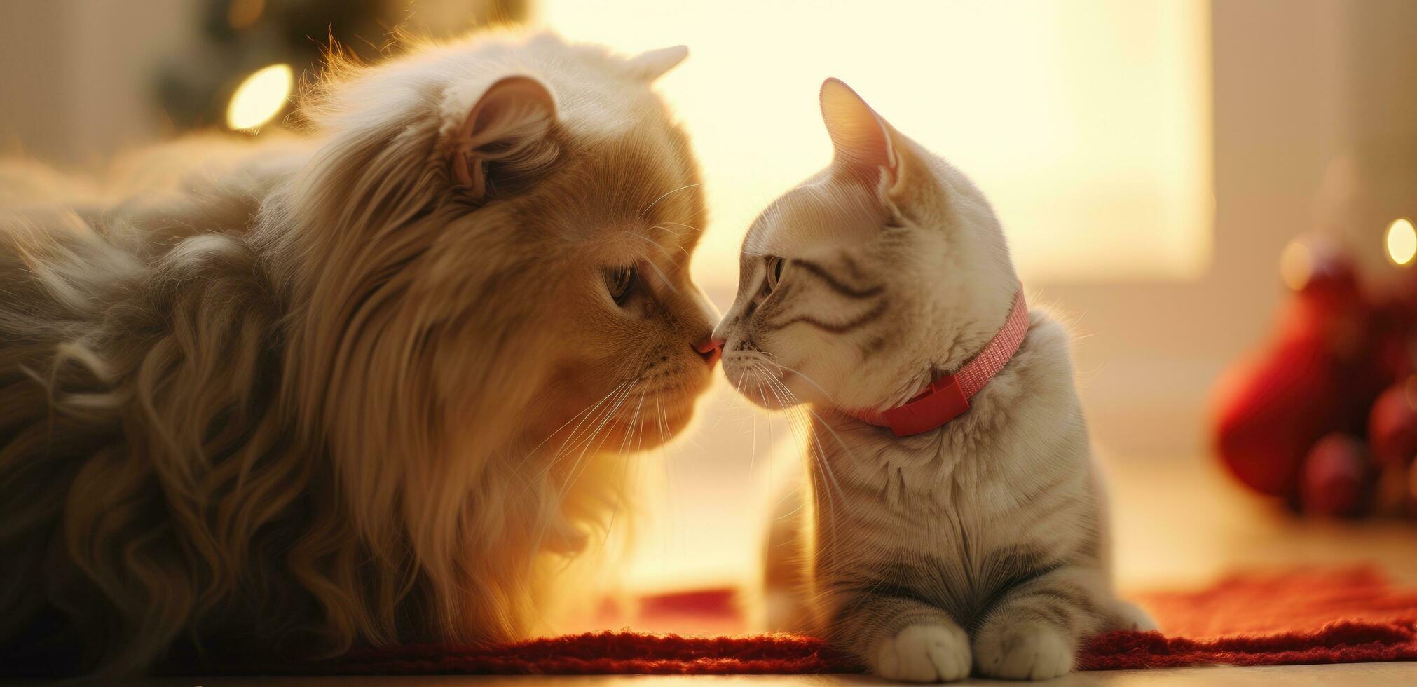 AI generated a cat and dog are kissing on christmas photo