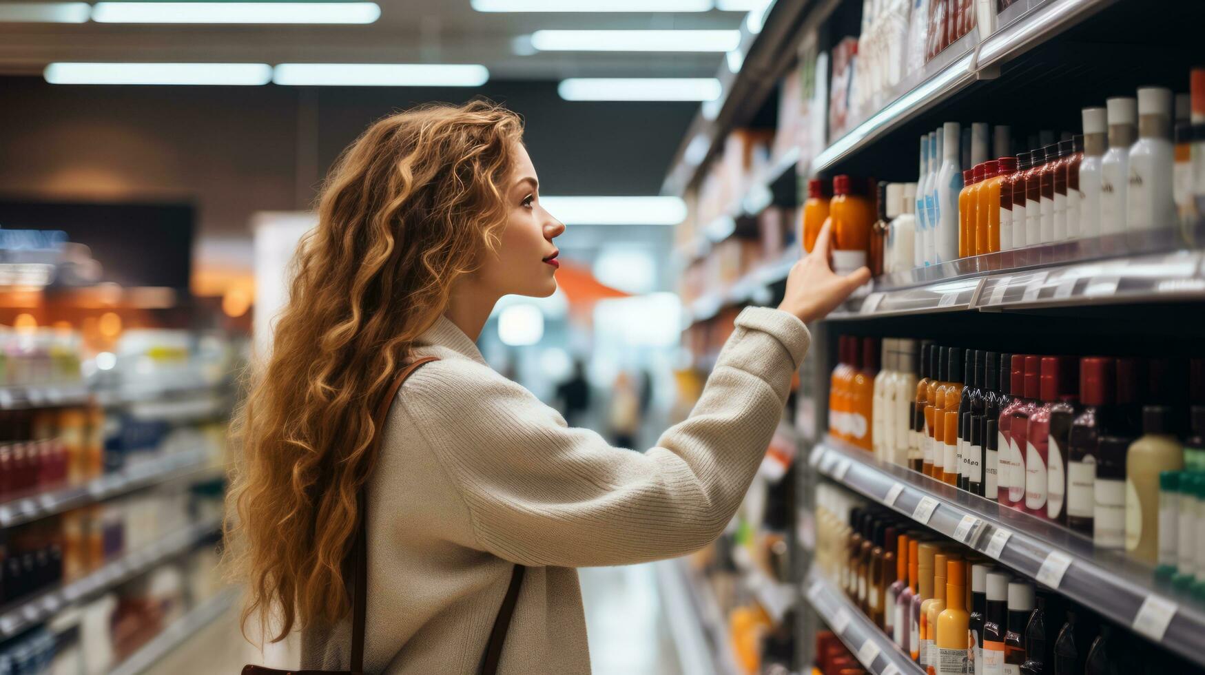 ai generado un hermosa Moda mujer comparando productos en un tienda de comestibles Tienda foto