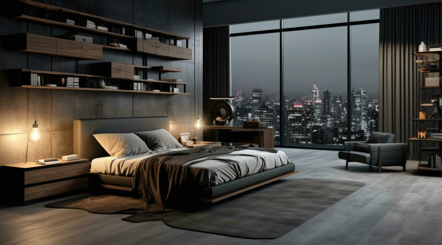 AI generated a grey bedroom with dark wooden furniture and large windows photo