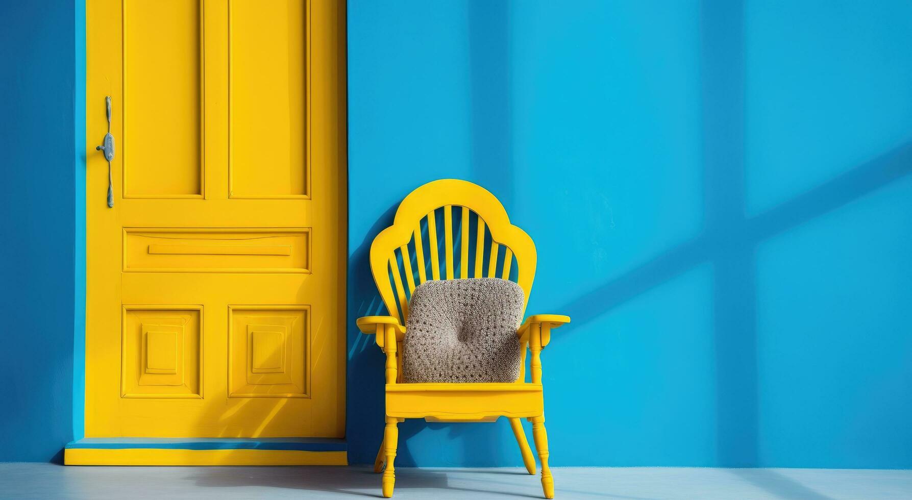 AI generated a blue and yellow door and chair against a blue wall photo