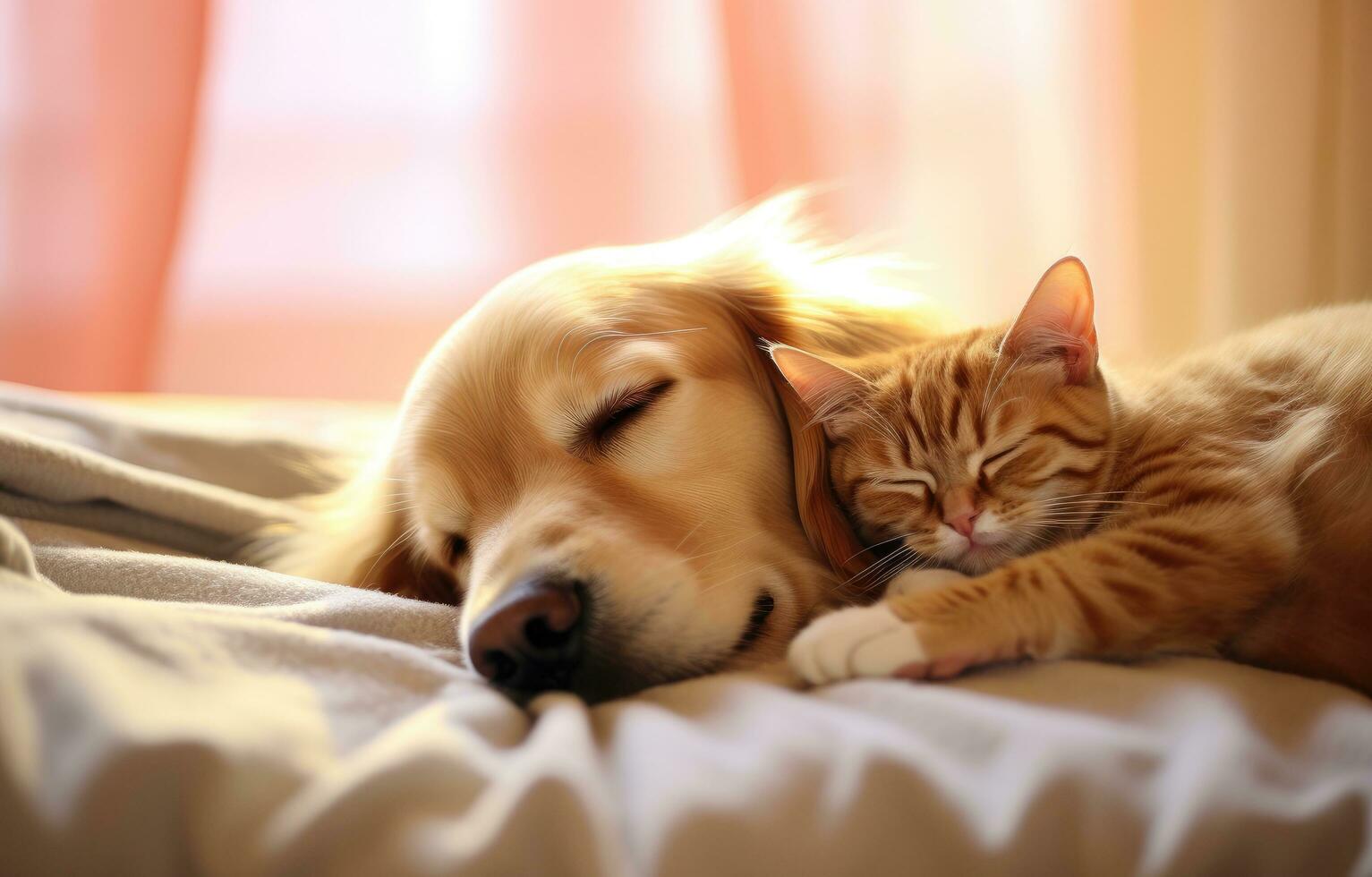 ai generado un dorado perdiguero animal con un dormido gato en cama foto