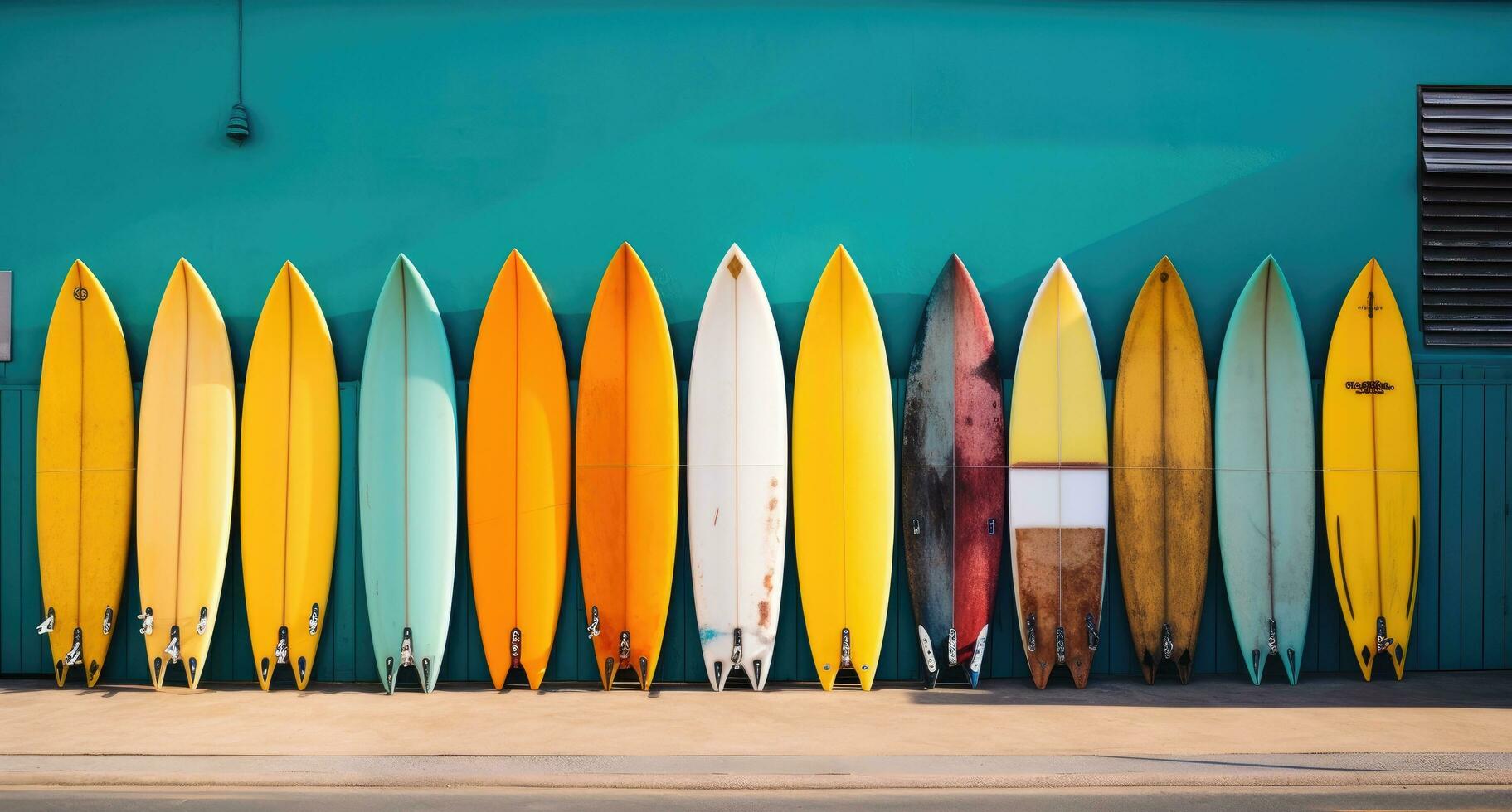 AI generated a colorful gang of surf boards is leaning against a wooden door photo