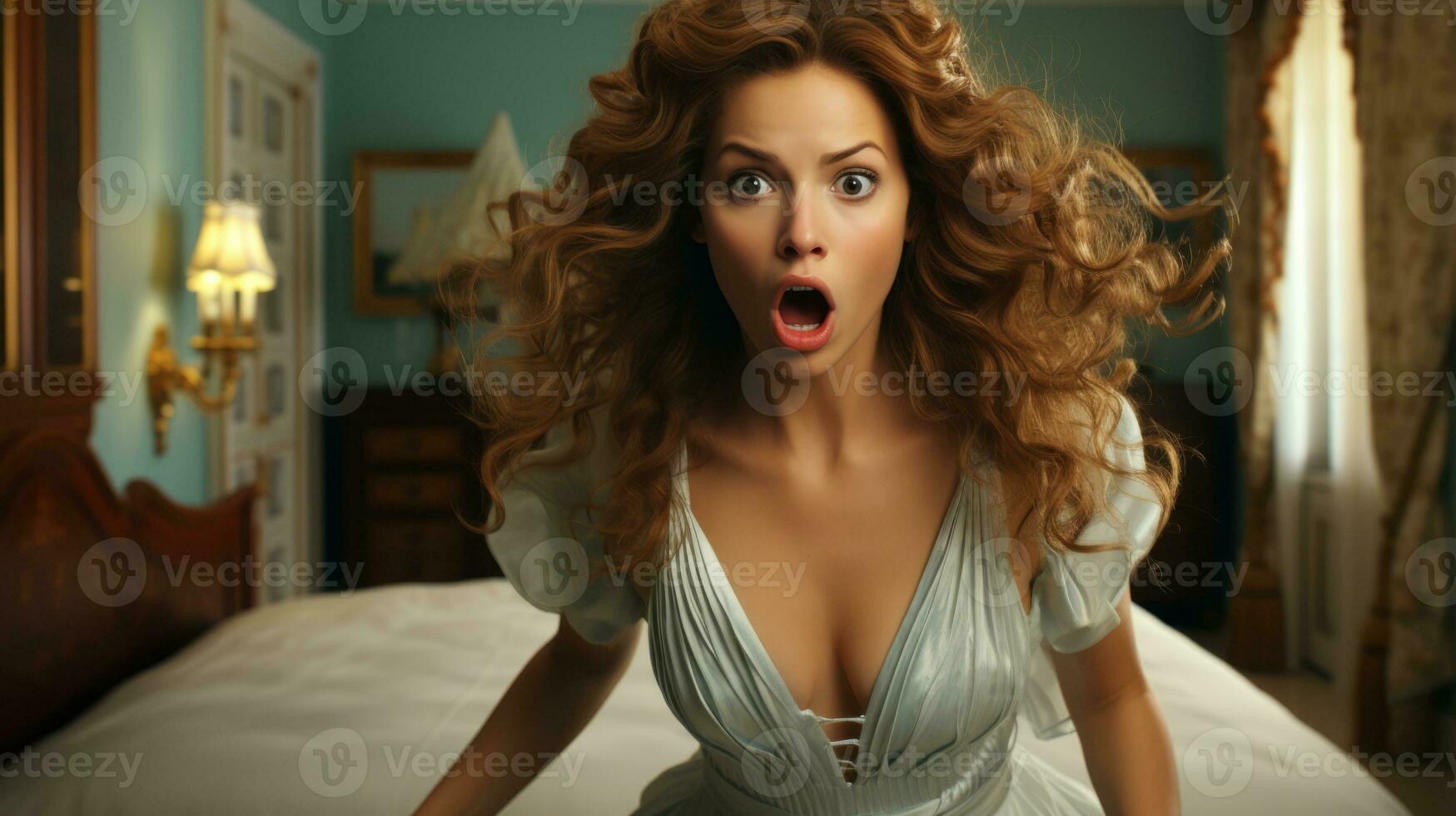AI generated A surprised woman in a bedroom, her face filled with shock and astonishment. Generative AI photo