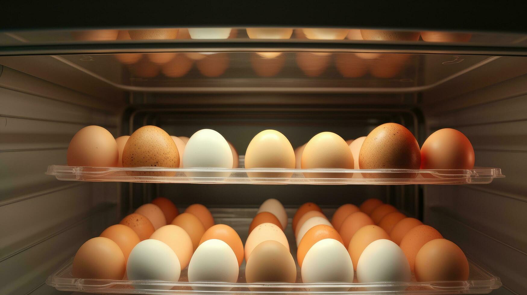 AI generated a photo showing eggs on trays in an open refrigerator