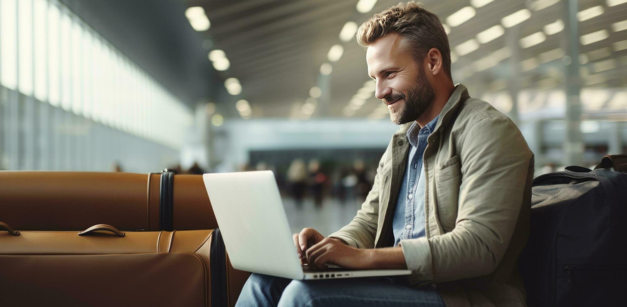 AI generated a man is sitting at an airport with his laptop in front of him photo