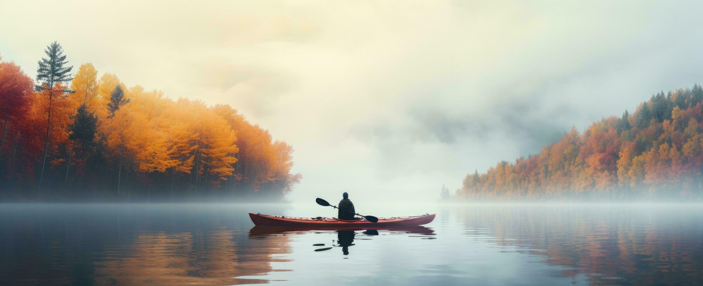ai generado un hombre kayak en un otoño de colores lago foto