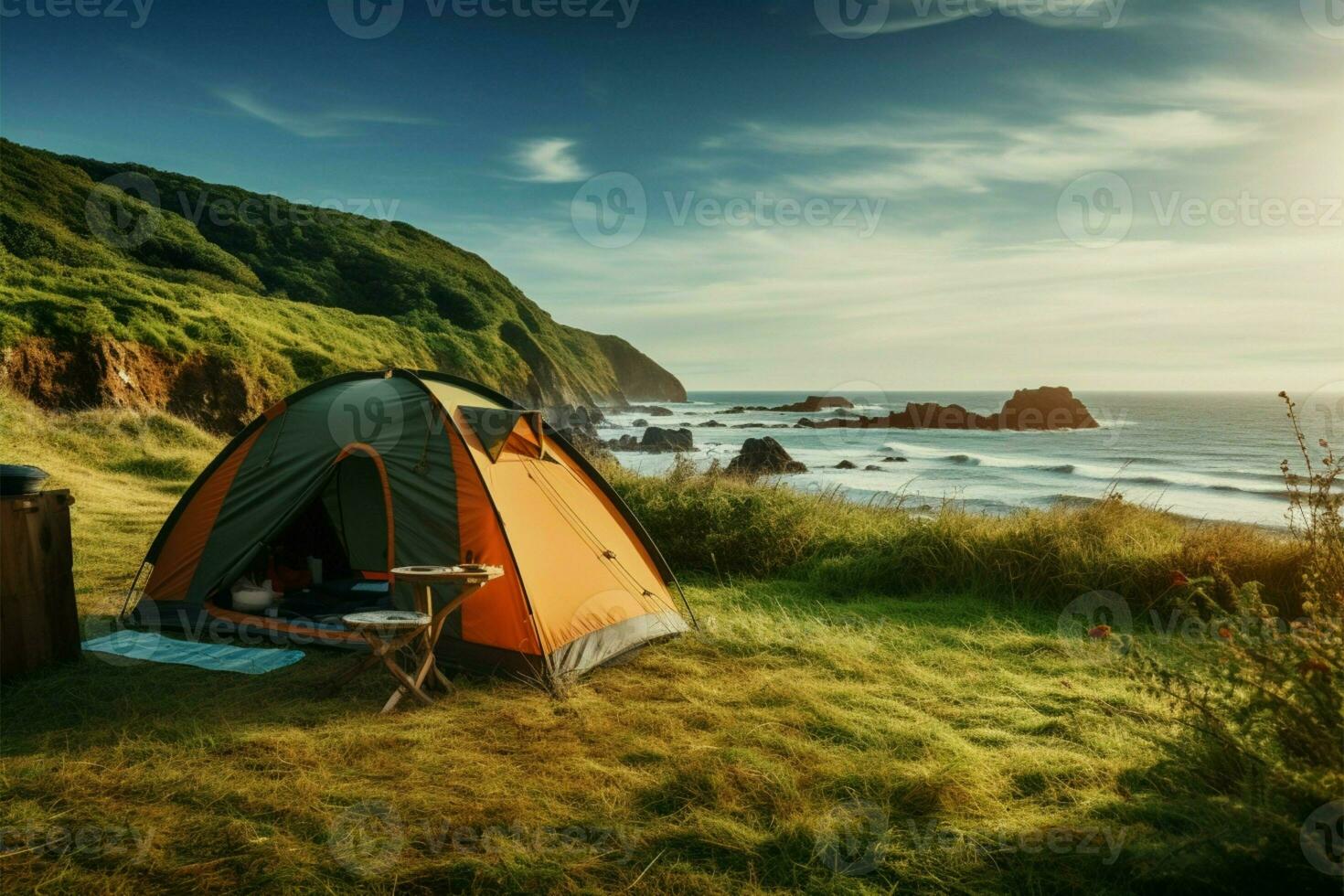 AI generated Nature retreat Camping gear on lush grass with ocean backdrop photo