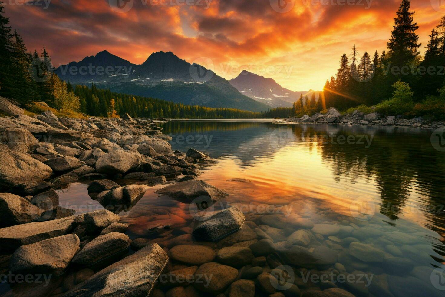 ai generado excursionismo refugio alto tatra montaña picos, calma lago, otoño puesta de sol foto