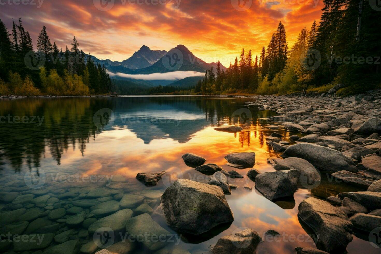 ai generado vistoso reflexión alto tatra montaña lago, atardecer, otoño excursionismo belleza foto