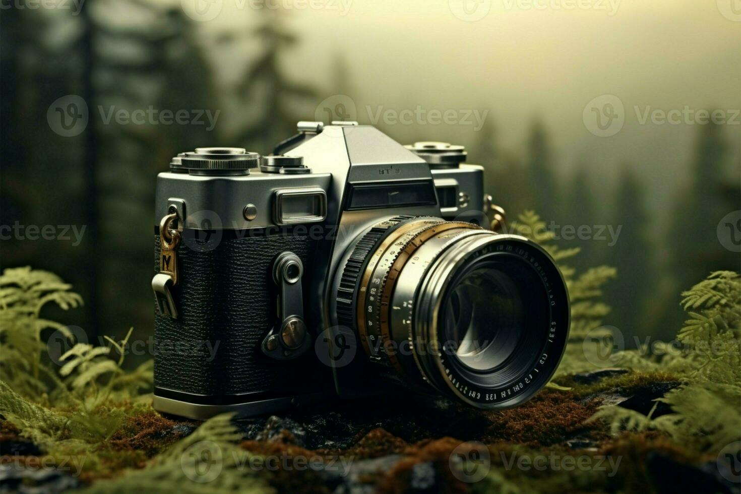 AI generated Photography backdrop Film camera against tranquil nature background, copy space photo