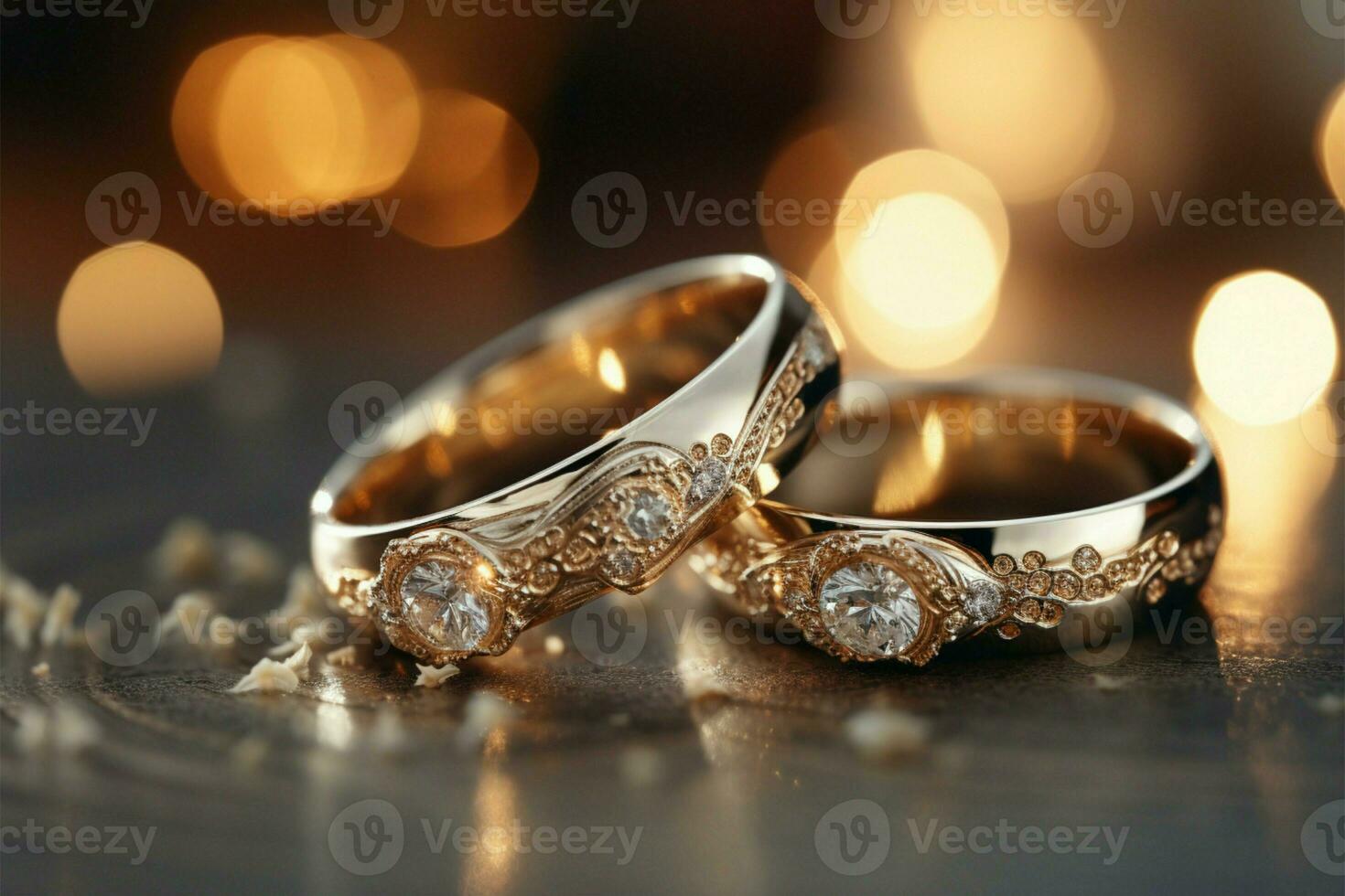 AI generated Bridal brilliance Wedding rings in silver and gold on bokeh background photo