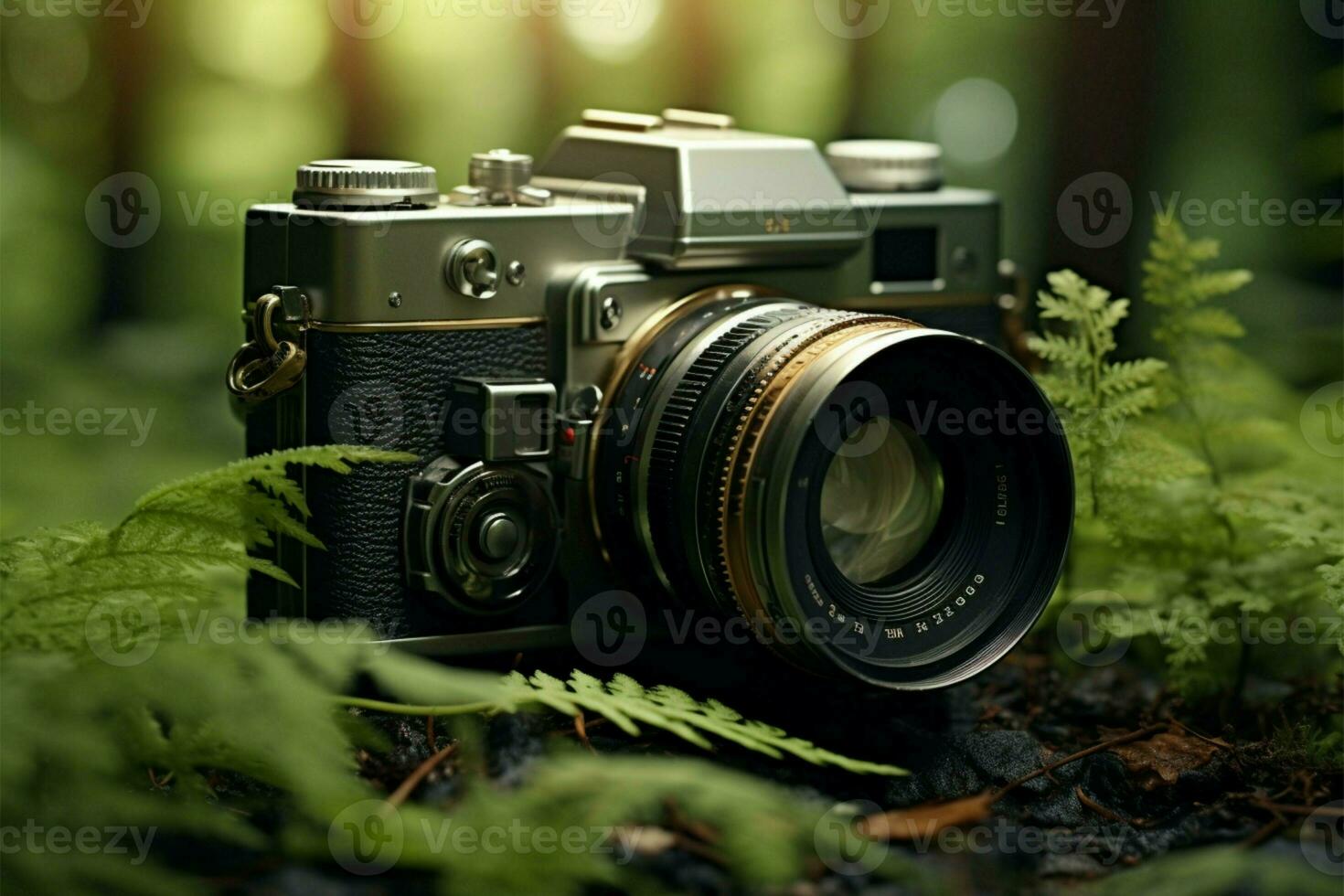 AI generated Camera in nature Film camera with tranquil background, copy space photo