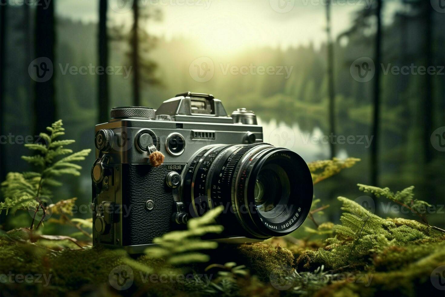 AI generated Filmic scenery Camera against nature background with ample copy space photo