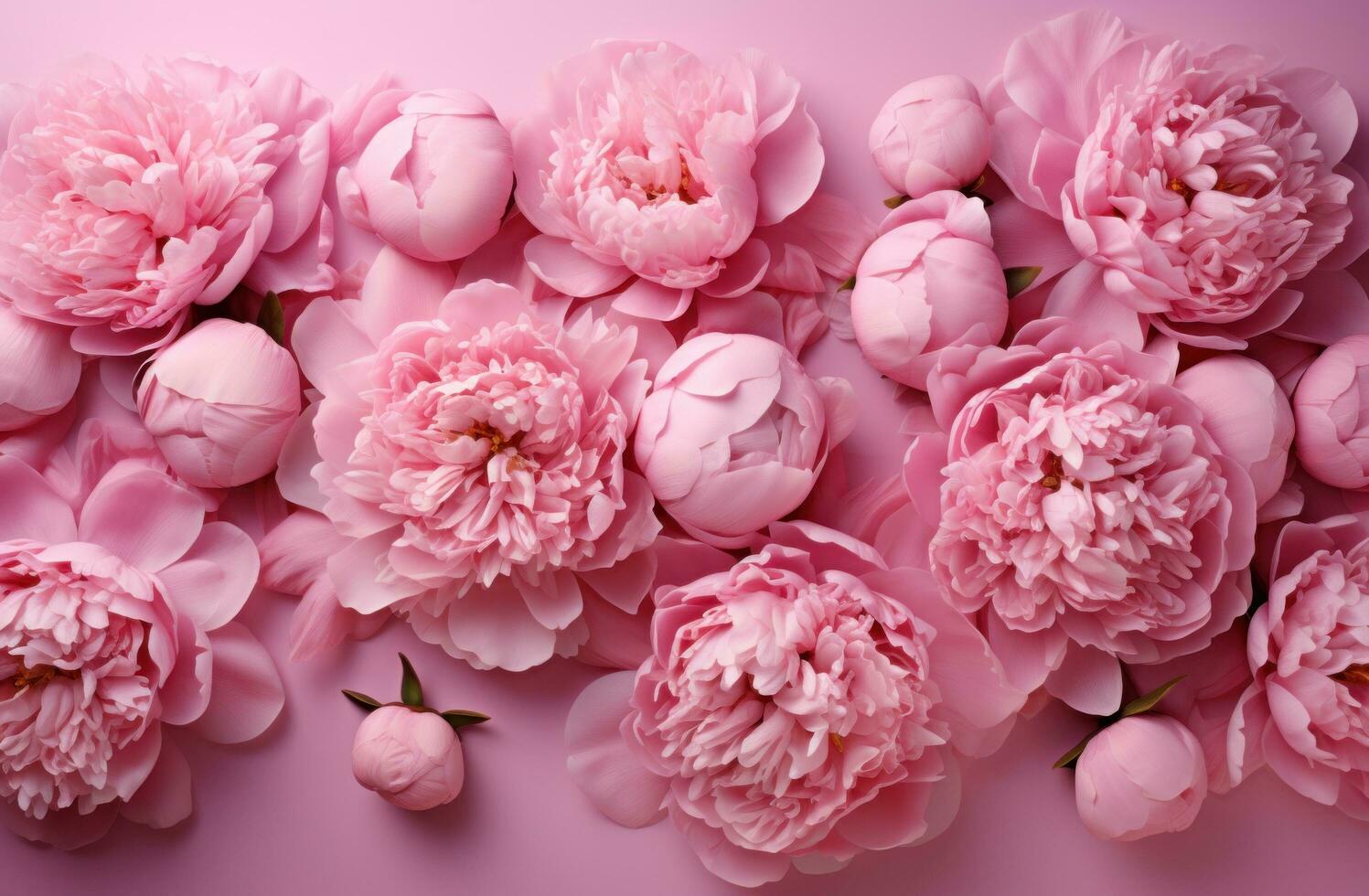 AI generated pink peonies, flowers arranged on pink background with top view photo