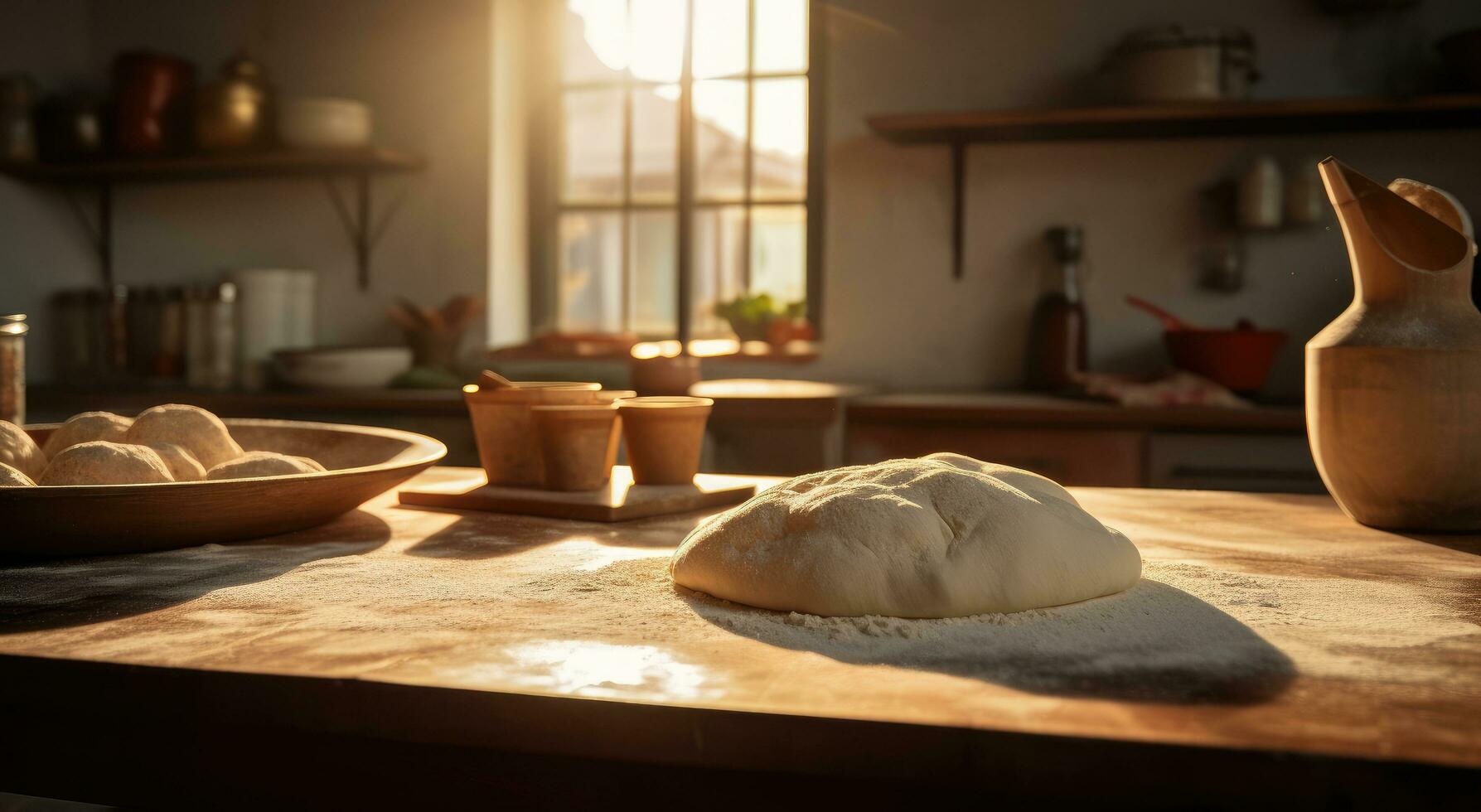 ai generado un Pizza masa es haciendo en un cocina foto